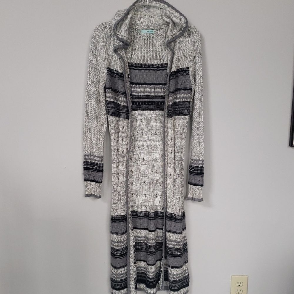 Y2K Maurices Long Cardigan Womens S Textured Cable Knit Striped Hooded Sweater